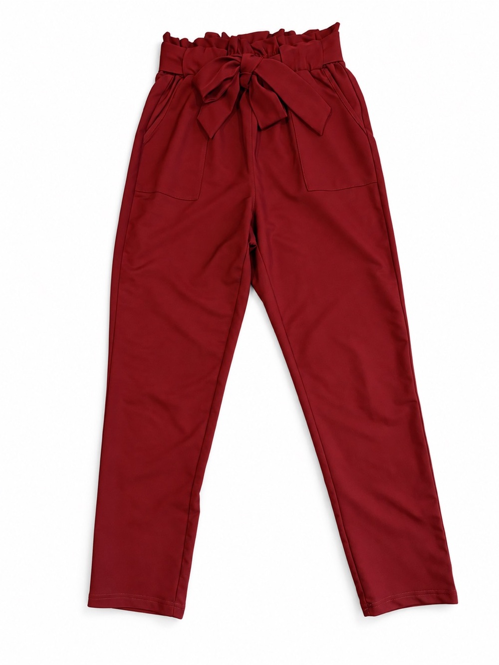 Paperbag Waist Tie Front Pants - Dark Red